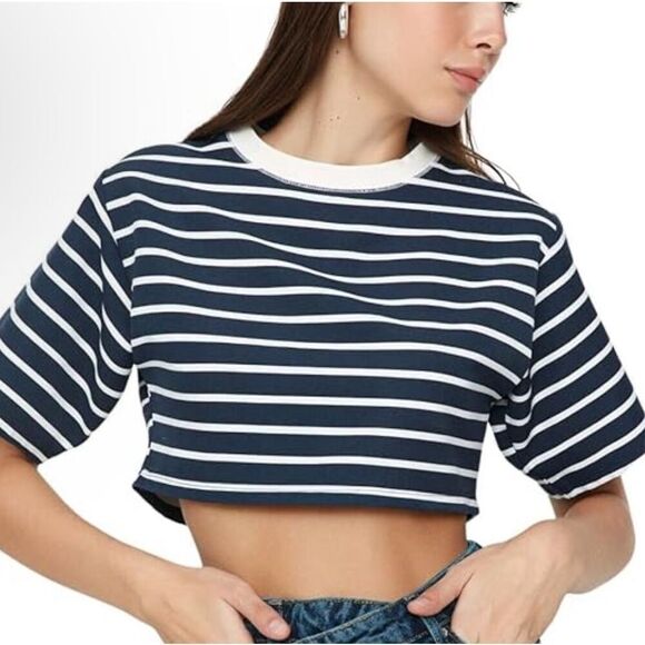 Zara Black White Striped Crew Neck Pullover Crop Top Small - Picture 5 of 5